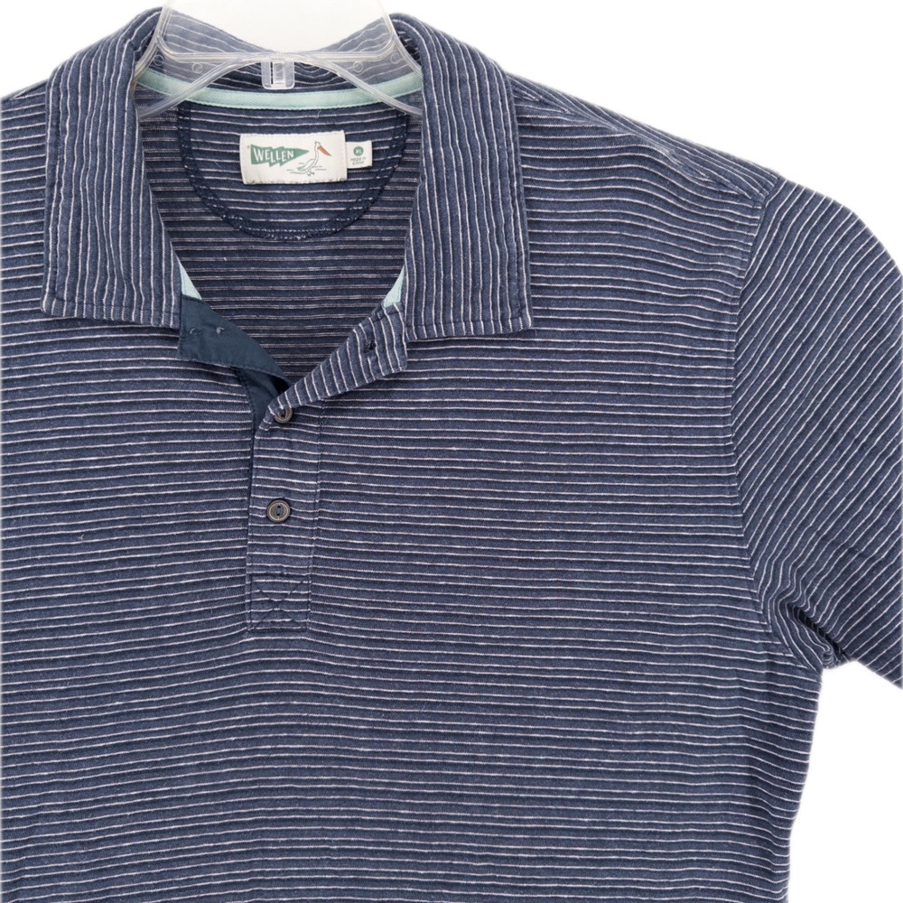 Wellen Mens XL Hemp Blend Polo Shirt Navy Blue Striped Coastal Preppy Huckberry
